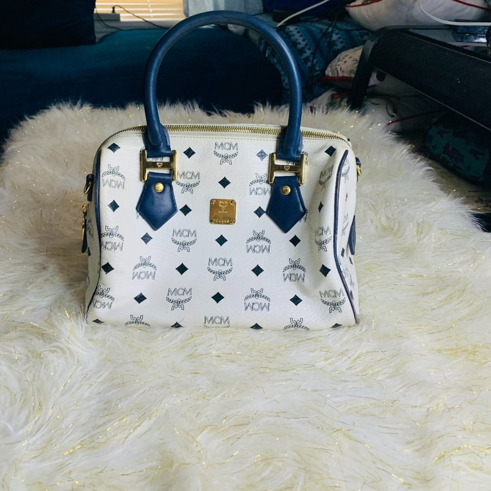 MCM White Monogram Visetos Boston Bag